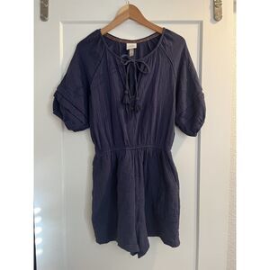 Knox Rose Womens Romper Medium Blue Boho Tassel Balloon Sleeve Pockets